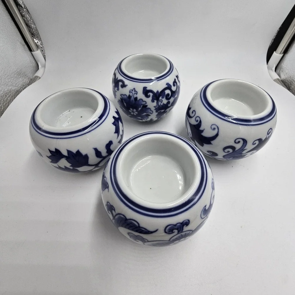 Set 4 Bombay Asian Garden Votive‎ Tea Light Candle Holders Blue & White Ceramic